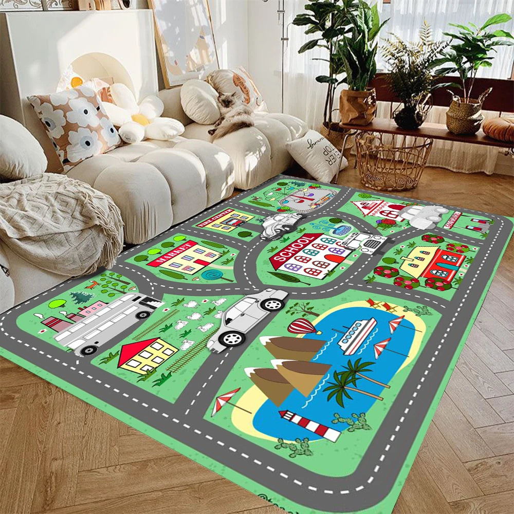 Spielteppich mit Rennstrecken- und Flughafenmotiv für Spielzeugautos im Kinderzimmer – 40 × 60 bis 120 × 160 cm, Flanell, rutschfest, 6 Motive