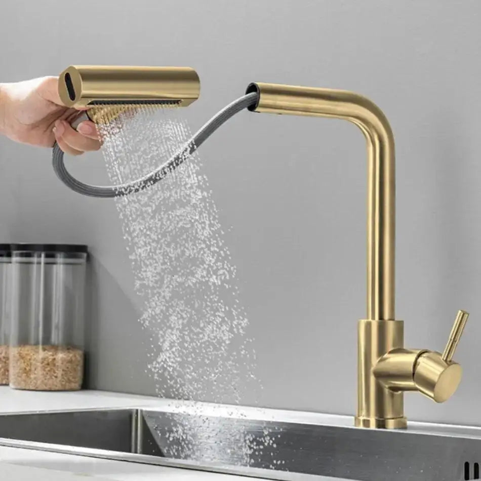Ausziehbare Küchenarmatur aus Edelstahl 304 mit Schwenk-Sprühkopf für die Spüle – 360° drehbar, Wasserfall- und Brausestrahl, Einhebelmischer, Gold
