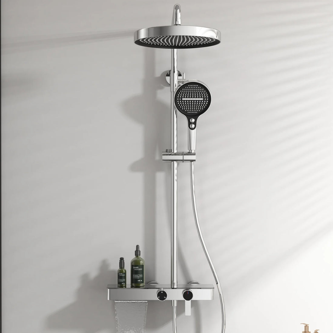 Aufputz-Duschsystem aus Messing mit Ablage und Knopfbedienung für das Badezimmer – 3 Funktionen, Kopfbrause 28 cm, Handbrause, Wannenstrahl, 6 Farben