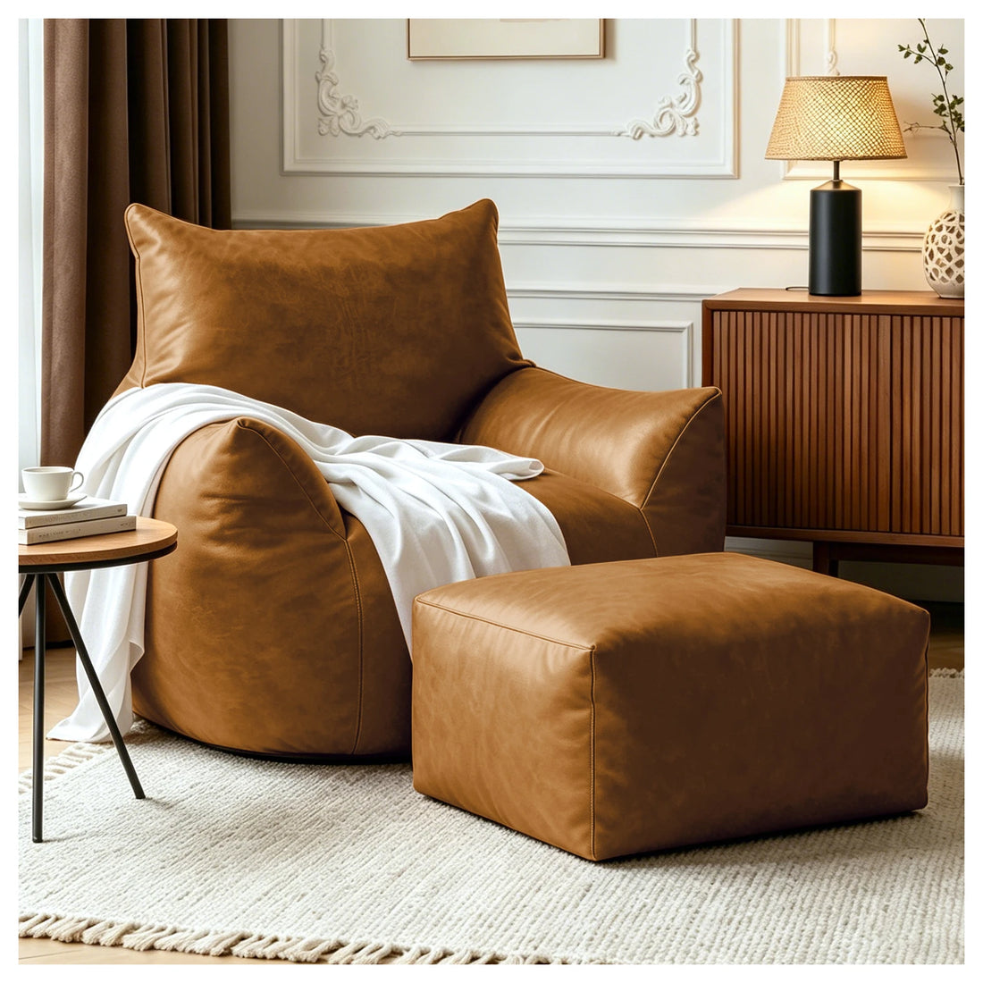 Großer Sitzsack mit Fußhocker aus Kunstleder für Wohnzimmer und Schlafzimmer – Memory-Schaum-Füllung, ergonomisch, ohne Montage, Braun