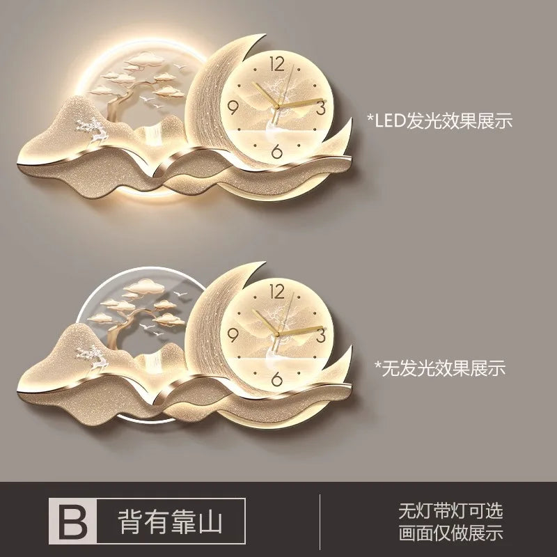 Beleuchtete Wanduhr mit Landschaftsbild aus Kristallporzellan für Wohn- und Esszimmer – 30 × 60 oder 40 × 80 cm, LED-Licht, Fernbedienung, 3 Motive