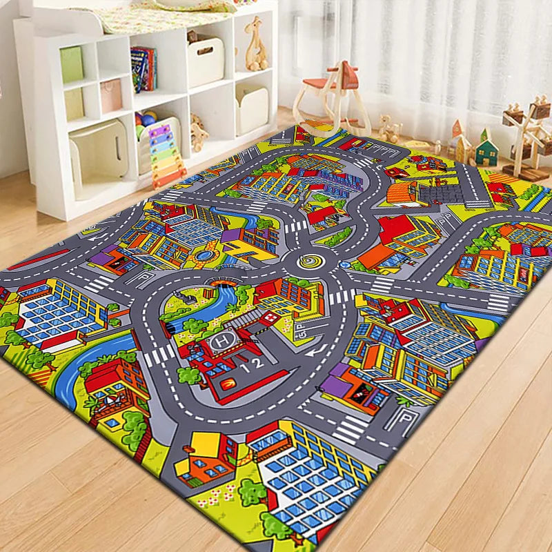 Spielteppich mit Straßen- und Landebahn-Motiv für Spielbereich und Wohnzimmer – 40 × 60 bis 160 × 230 cm, rutschfest, waschbar, 10 Motive