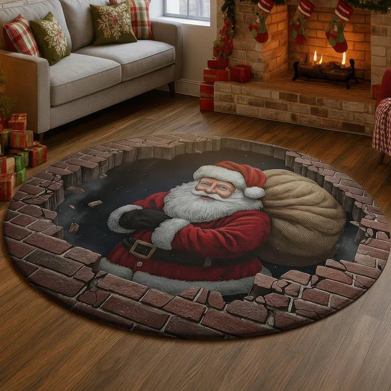Runder Weihnachtsteppich mit Weihnachtsmann in 3D-Optik für Wohnzimmer und Eingang – Ø 40 bis 120 cm, Flanell, rutschfest, waschbar, 8 Motive