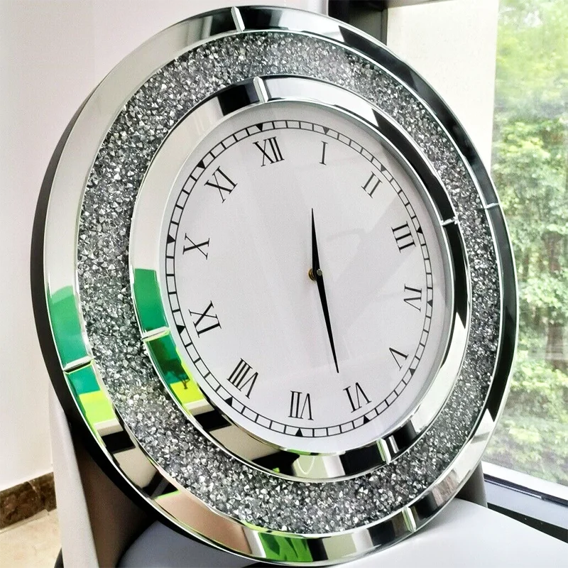 Große Spiegel-Wanduhr mit Glitzerring in Kristalloptik und römischen Ziffern für das Wohnzimmer – 60 × 60 cm, rund, gehärtetes Glas, 2 Ausführungen