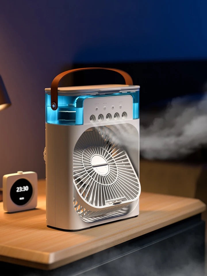 Mini-Luftkühler mit Wassertank, Sprühnebel und Stimmungslicht für Schlafzimmer und Büro – 500-ml-Tank, 3 Stufen, Timer, USB, ca. 21 cm breit