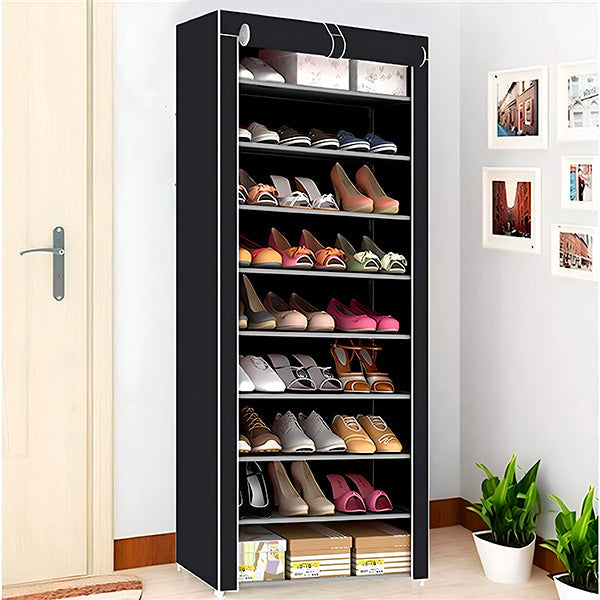 Schmaler Schuhschrank mit Stoffbezug und Reißverschluss für bis zu 30 Paar Schuhe für Flur und Schlafzimmer – hoch, viele Ebenen, werkzeuglos, Schwarz