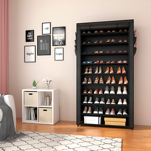 Schmaler Schuhschrank mit Stoffbezug und Reißverschluss für bis zu 30 Paar Schuhe für Flur und Schlafzimmer – hoch, viele Ebenen, werkzeuglos, Schwarz