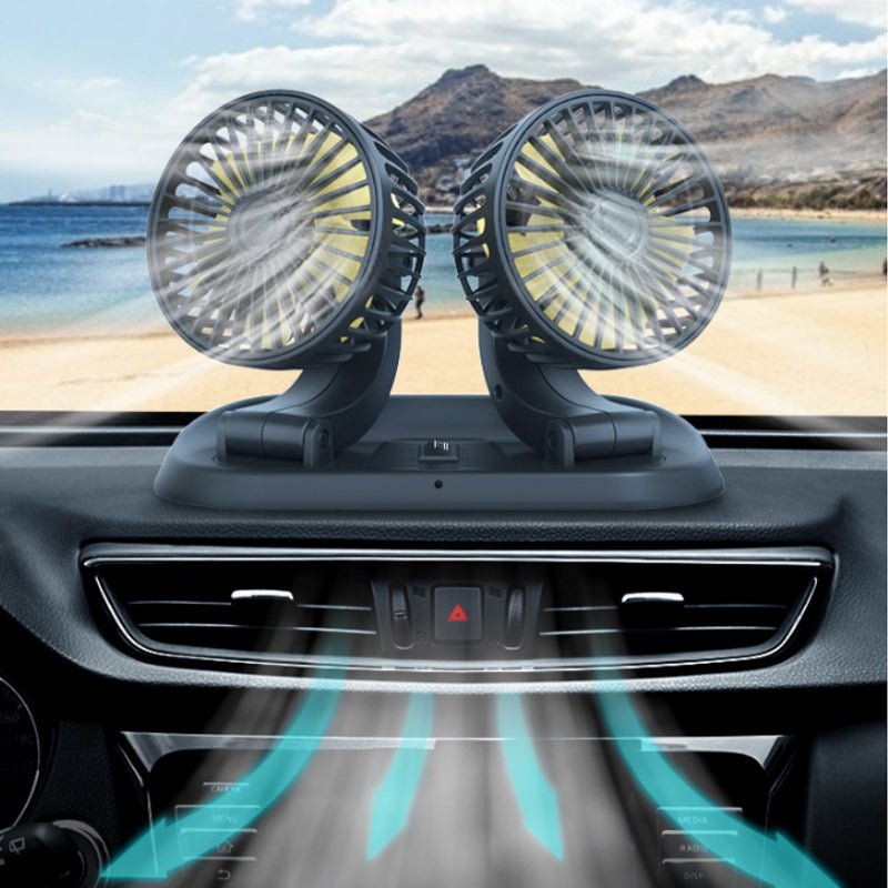 Doppelkopf-Autoventilator für den Zigarettenanzünder für Armaturenbrett und Sitzlehne – 360° drehbar, 2 Stufen, 22 × 15,5 × 6,6 cm, 12 V oder 24 V