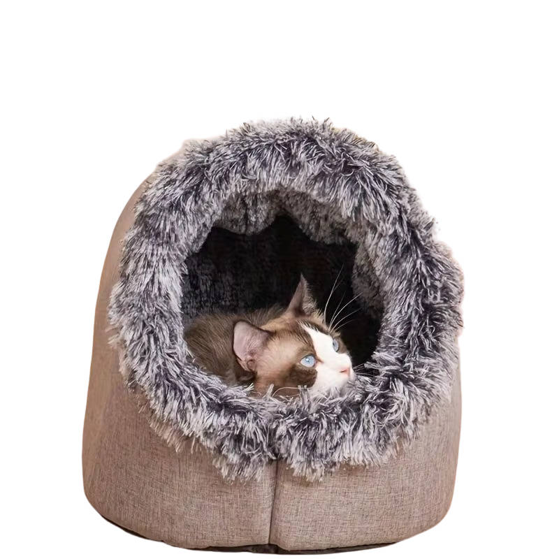 Warme Katzenhöhle mit Plüschrand als Rückzugsort für Wohnzimmer und Schlafzimmer – geschlossenes Katzenbett mit Griff, Braun oder Grau, M oder L