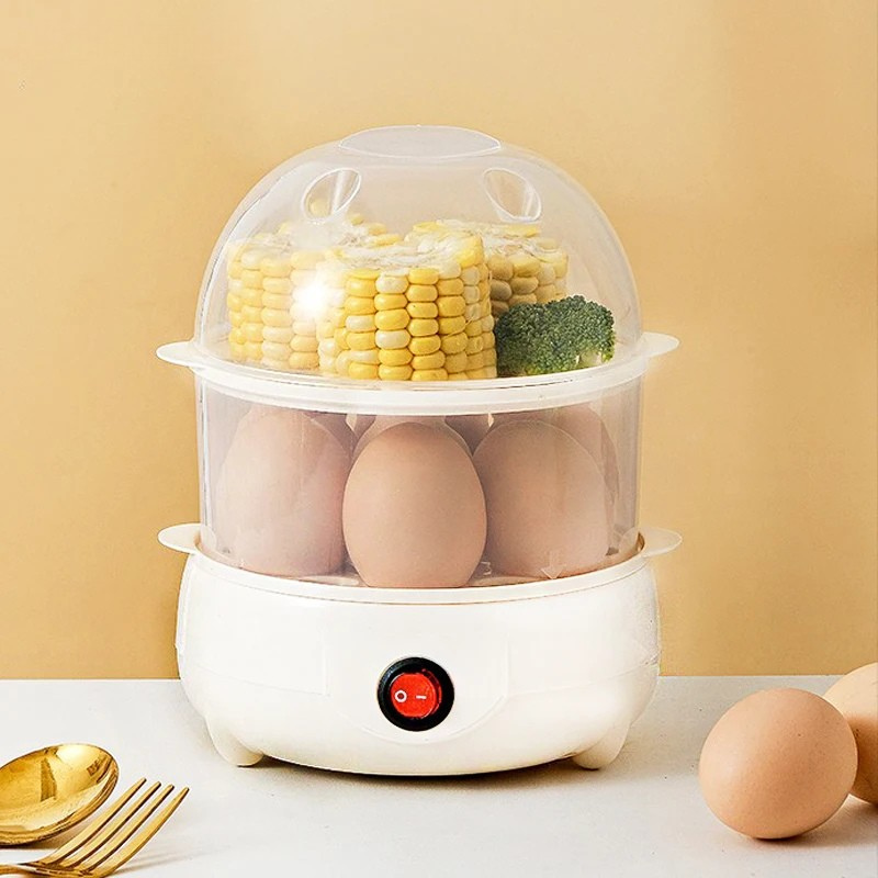 Elektrischer Eierkocher mit zwei Ebenen für Frühstück und Meal Prep – kocht und dämpft auf zwei Etagen, 350 W, 21 cm hoch, Weiß