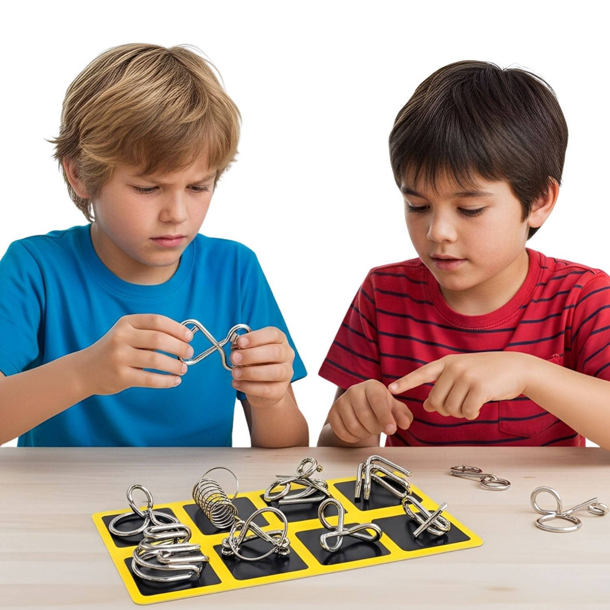 Metallpuzzle-Set mit Knobelspielen für Kinder und Erwachsene ohne Bildschirm – mehrere silberne Drahträtsel, Ausführung Gelb, Rosa oder Blau