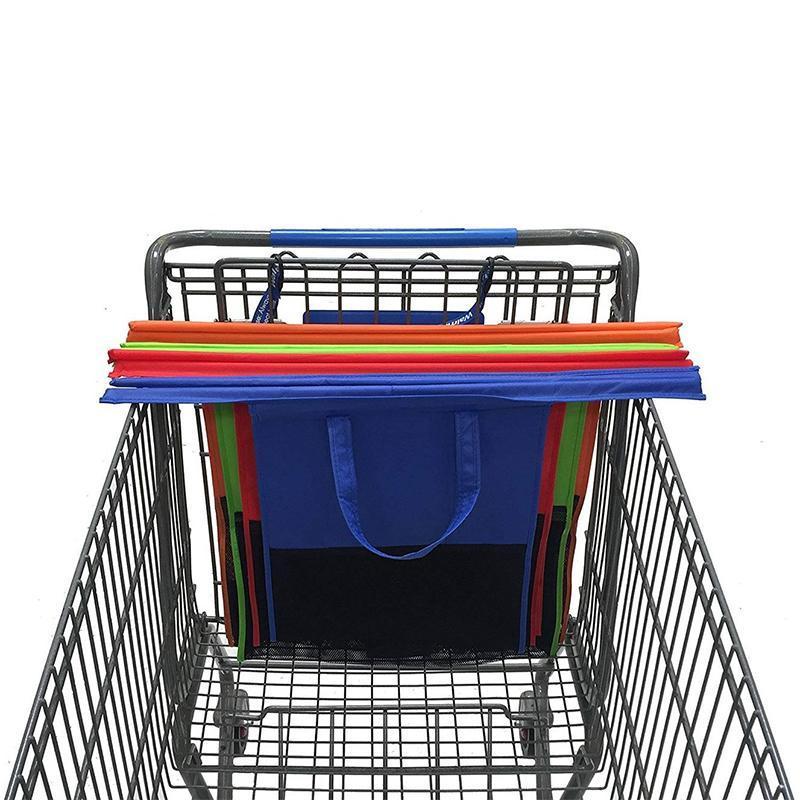 Einkaufswagen-Taschen-Set mit Querstangen für Supermarkt und Wocheneinkauf – 4 Taschen in Rot, Blau, Grün und Orange, reißfest, faltbar, abwaschbar