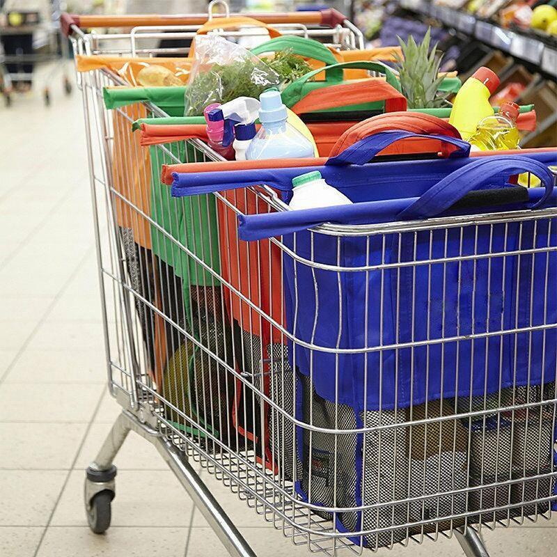 Einkaufswagen-Taschen-Set mit Querstangen für Supermarkt und Wocheneinkauf – 4 Taschen in Rot, Blau, Grün und Orange, reißfest, faltbar, abwaschbar