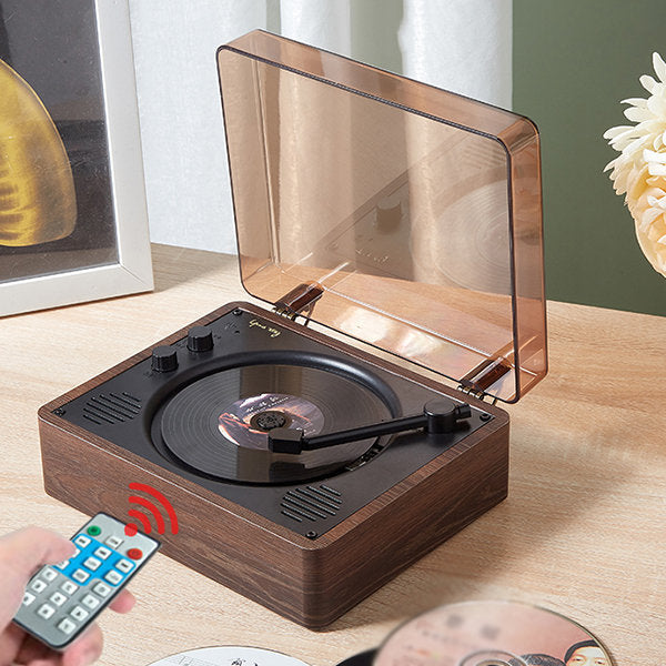 Retro-CD-Player im Plattenspieler-Look mit Bluetooth und Lautsprechern für Wohnzimmer und Regal – ca. 20 × 17 × 9 cm, transparenter Deckel, USB, AUX