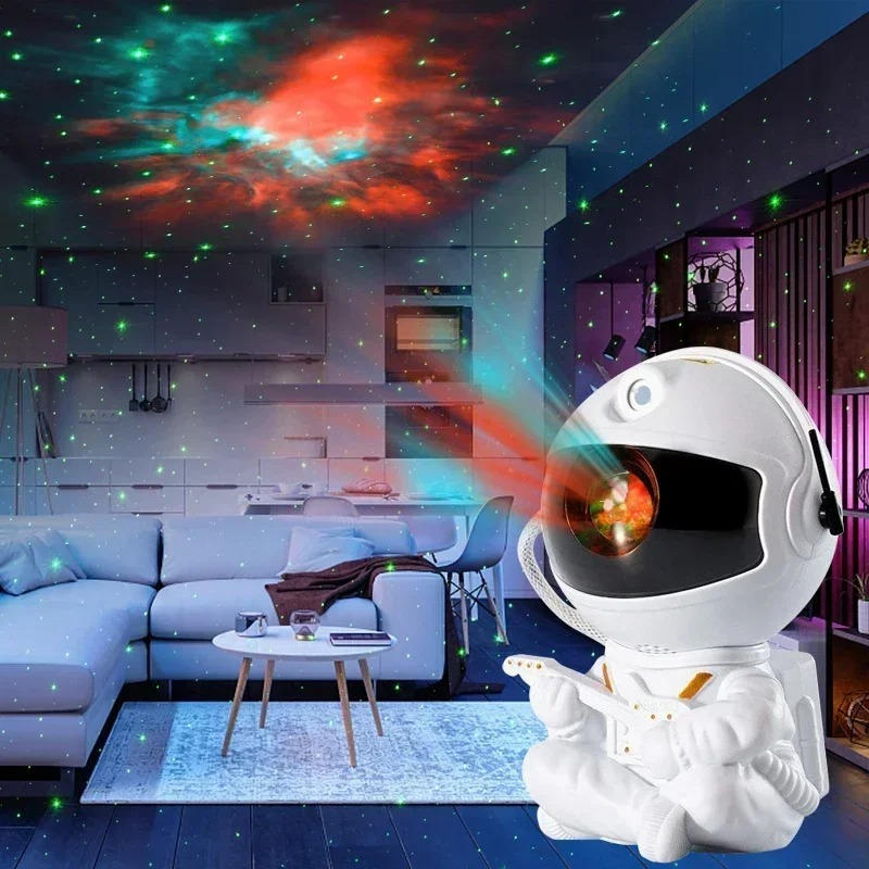 Sternenhimmel-Projektor im Astronauten-Design für Schlafzimmer und Entspannung – Sterne, Nebel und Mondlampe, Fernbedienung, USB, Weiß