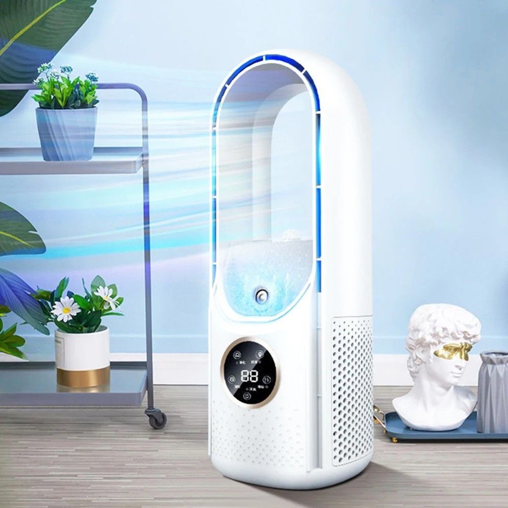 Flügelloser Mini-Luftkühler mit LED-Display und Touch-Bedienung für Schreibtisch und Schlafzimmer – 300-ml-Tank, 90° Schwenk, Timer 6 Std., USB