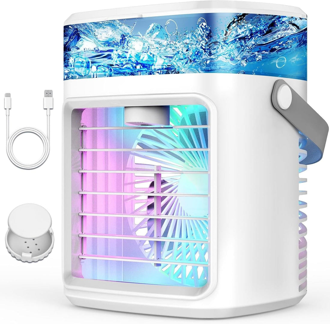 Akku-Luftkühler mit Sprühnebel, Duftpad und Tragegurt für drinnen und draußen – 3 Stufen, Timer, 60° verstellbar, 7 LED-Farben, Wasser- und Eistank