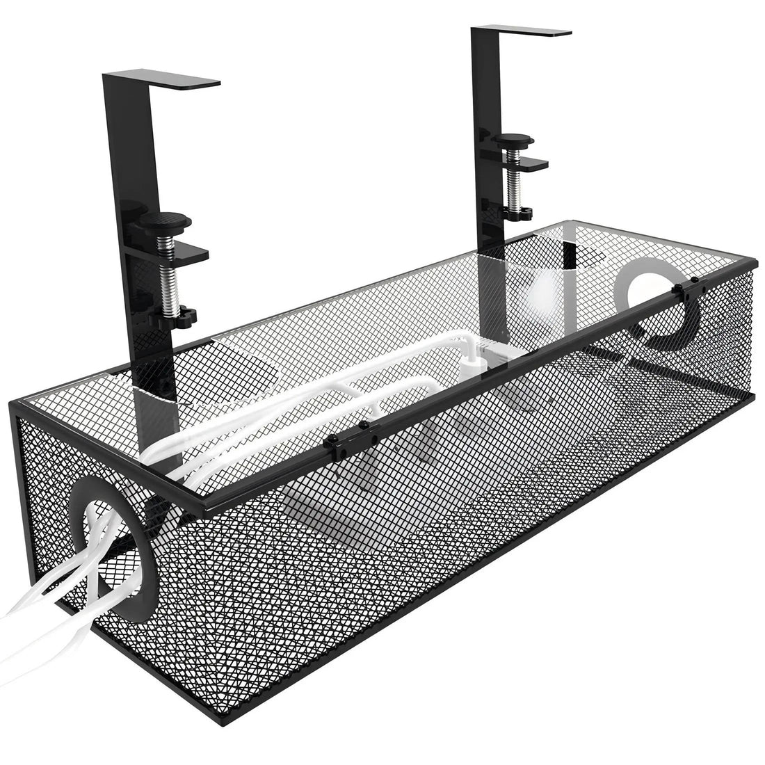 Kabelwanne aus Metallgitter zur Montage unter dem Schreibtisch für Büro und Homeoffice – Klemmhalterung, Kabeldurchführungen, Stahl, Schwarz oder Weiß