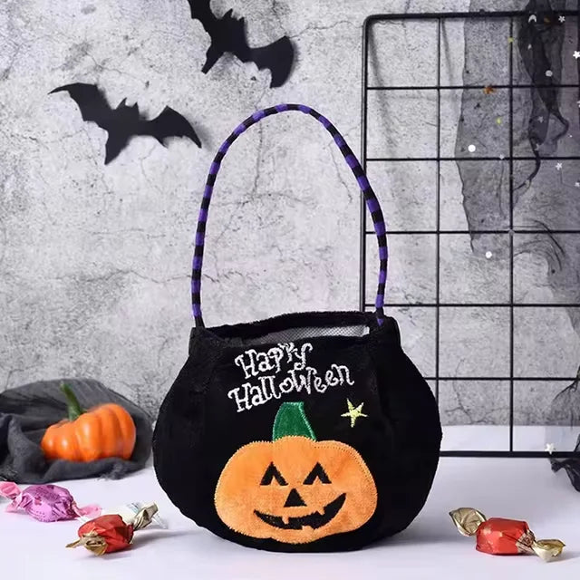 Halloween-Tasche in Kürbisform für Kinder für Süßes-oder-Saures, Schulfest und Party – ca. 25 × 13 cm, Plüschstoff, Henkel, 4 Farben