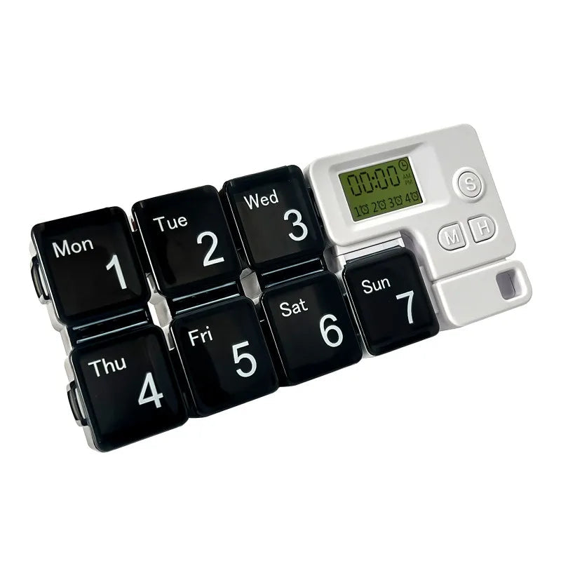 Elektronische Tablettenbox für die Woche für Zuhause und Reisen – Wochen-Pillendose mit Fächern, Bunt, Blau, Schwarz oder Rosa