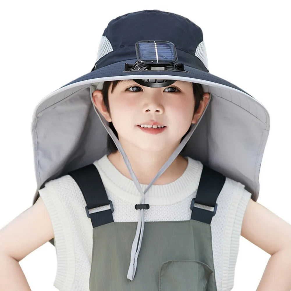 Kinder-Sonnenhut mit Solar-Ventilator und breiter Krempe für Garten, Angeln und Reisen – UPF 50+, 3 Stufen, 800-mAh-Akku, Kopfumfang 52–55 cm