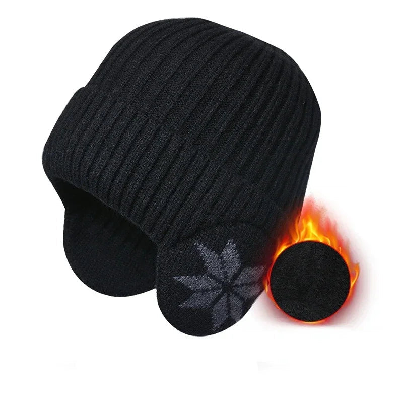 Unisex-Strickmütze aus Polyester mit Ohrenschutz und Samtfutter für Winter und Outdoor – Rippstrick, dehnbar, 5 Farben