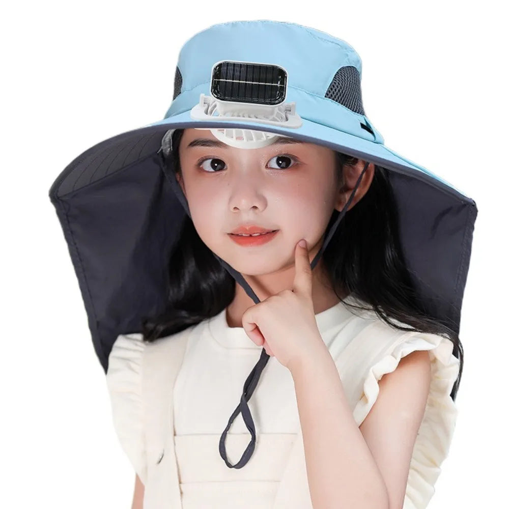 Kinder-Sonnenhut mit Solar-Ventilator und breiter Krempe für Garten, Angeln und Reisen – UPF 50+, 3 Stufen, 800-mAh-Akku, Kopfumfang 52–55 cm
