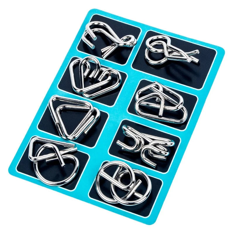 Metall-Knobelspiel-Set mit 8 Geduldspielen für Kinder ab 6 Jahren und Erwachsene – verschiedene Schwierigkeitsstufen, mit Lösungshilfe, 3 Farben