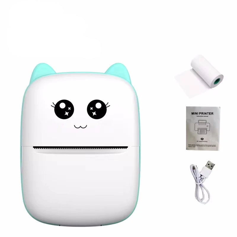 Kabelloser Mini-Thermodrucker in Katzenform für Etiketten, Notizen und Fotos – ohne Tinte, mit App, Akku, ca. 7,5 × 10 cm, Blau oder Rosa
