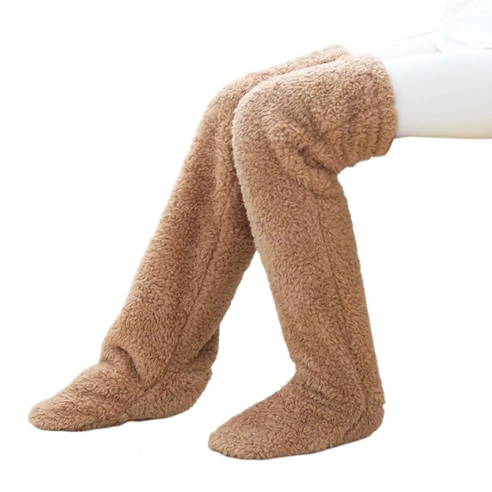 Lange Fleece-Stulpenstrümpfe aus Korallenfleece mit Fußöffnung für kalte Abende zu Hause – warm, weich, 5 Farben