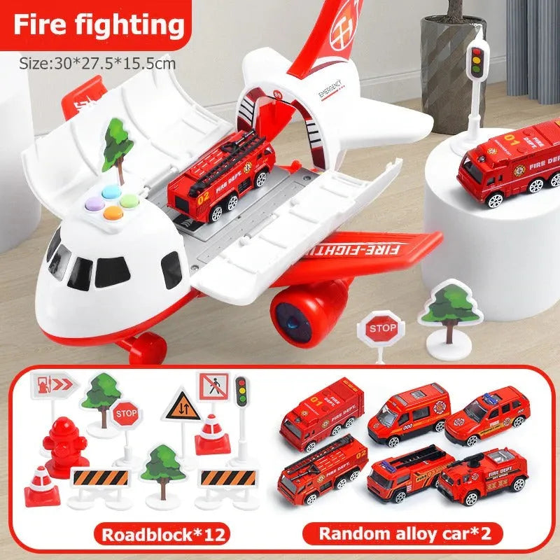 XL-Flugzeug-Spielset mit Metallautos und Verkehrsschildern für Kinder von 3 bis 12 Jahren – 30 × 27,5 × 15,5 cm, Licht und Sound, 3 Farben