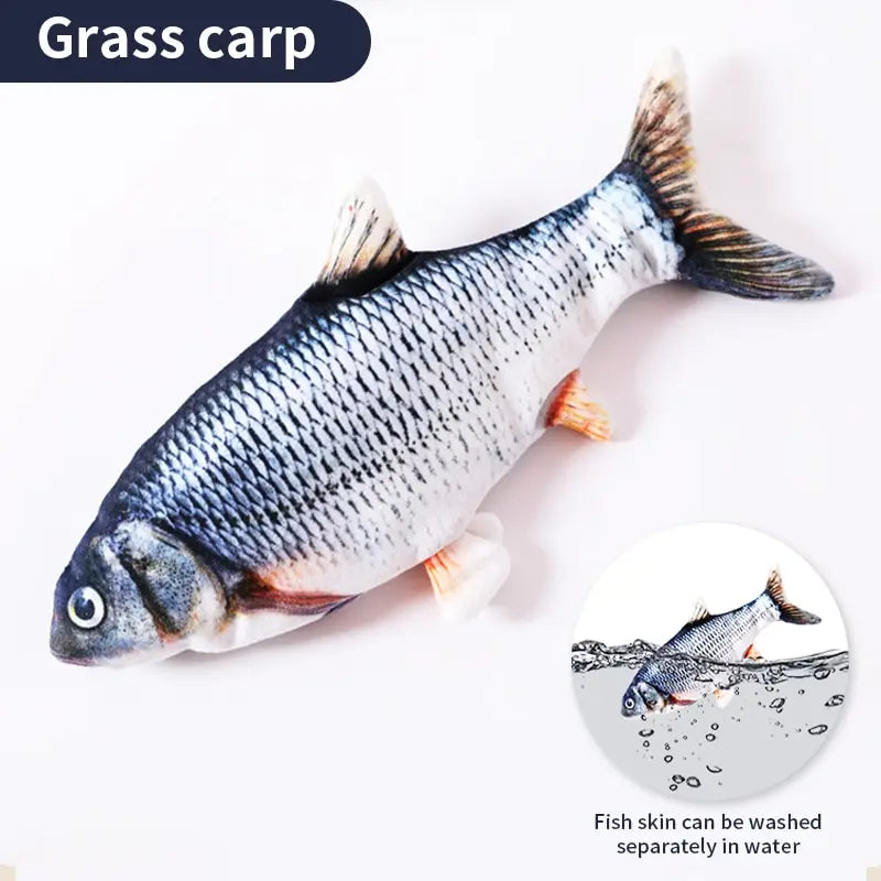 Zappelnder Plüschfisch als Katzenspielzeug mit USB-Akku zum Jagen und Spielen – Karpfen oder Lachs, ca. 27–28 cm, Baumwolle und Plüsch