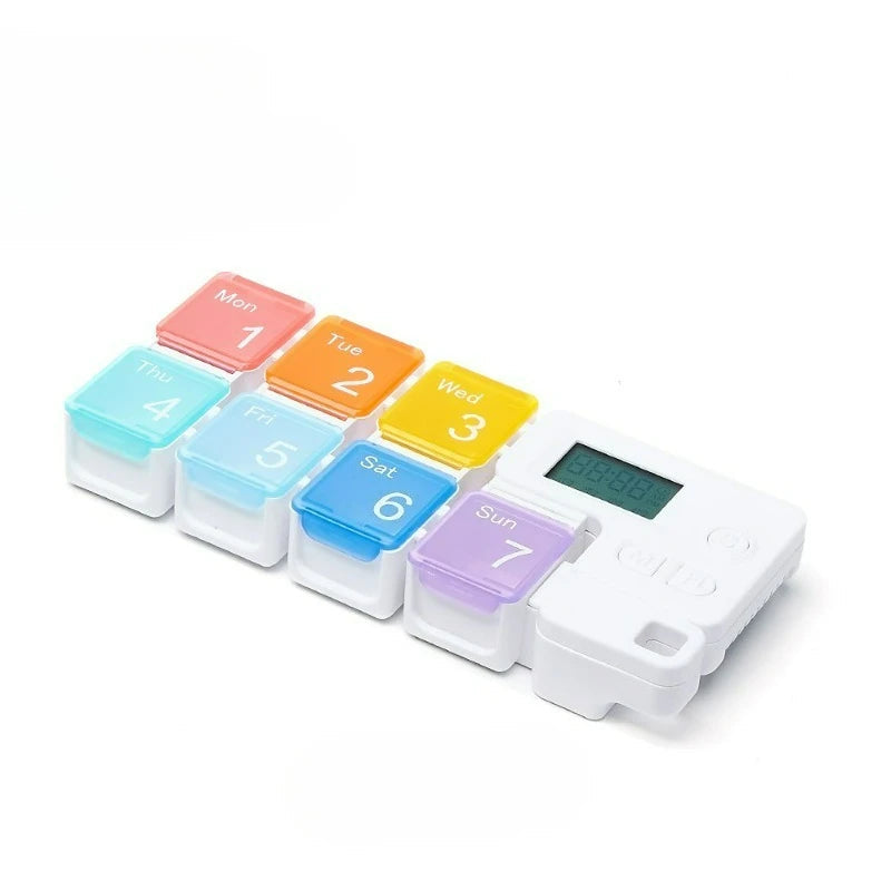 Elektronische Tablettenbox für die Woche für Zuhause und Reisen – Wochen-Pillendose mit Fächern, Bunt, Blau, Schwarz oder Rosa