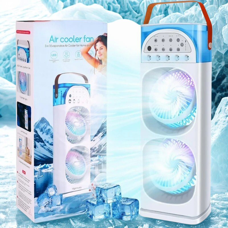 4-in-1-Mini-Luftkühler mit Fernbedienung, Befeuchter und 7-Farben-LED für Schlafzimmer und Homeoffice – 120° Schwenk, 3 Stufen, Timer, Tragegriff