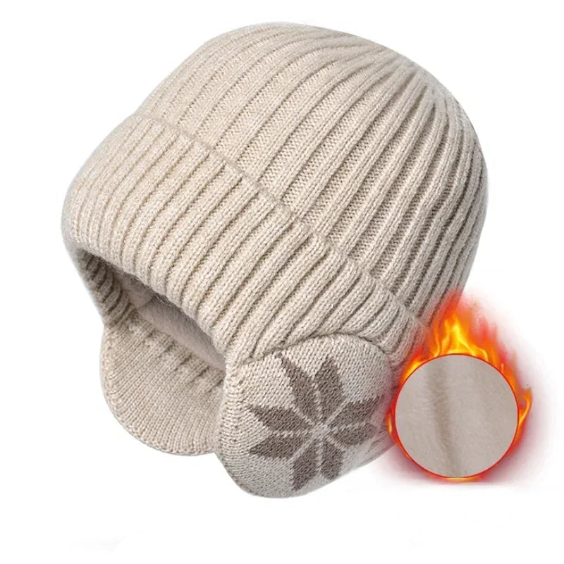 Unisex-Strickmütze aus Polyester mit Ohrenschutz und Samtfutter für Winter und Outdoor – Rippstrick, dehnbar, 5 Farben