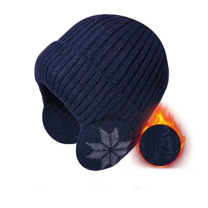 Unisex-Strickmütze aus Polyester mit Ohrenschutz und Samtfutter für Winter und Outdoor – Rippstrick, dehnbar, 5 Farben