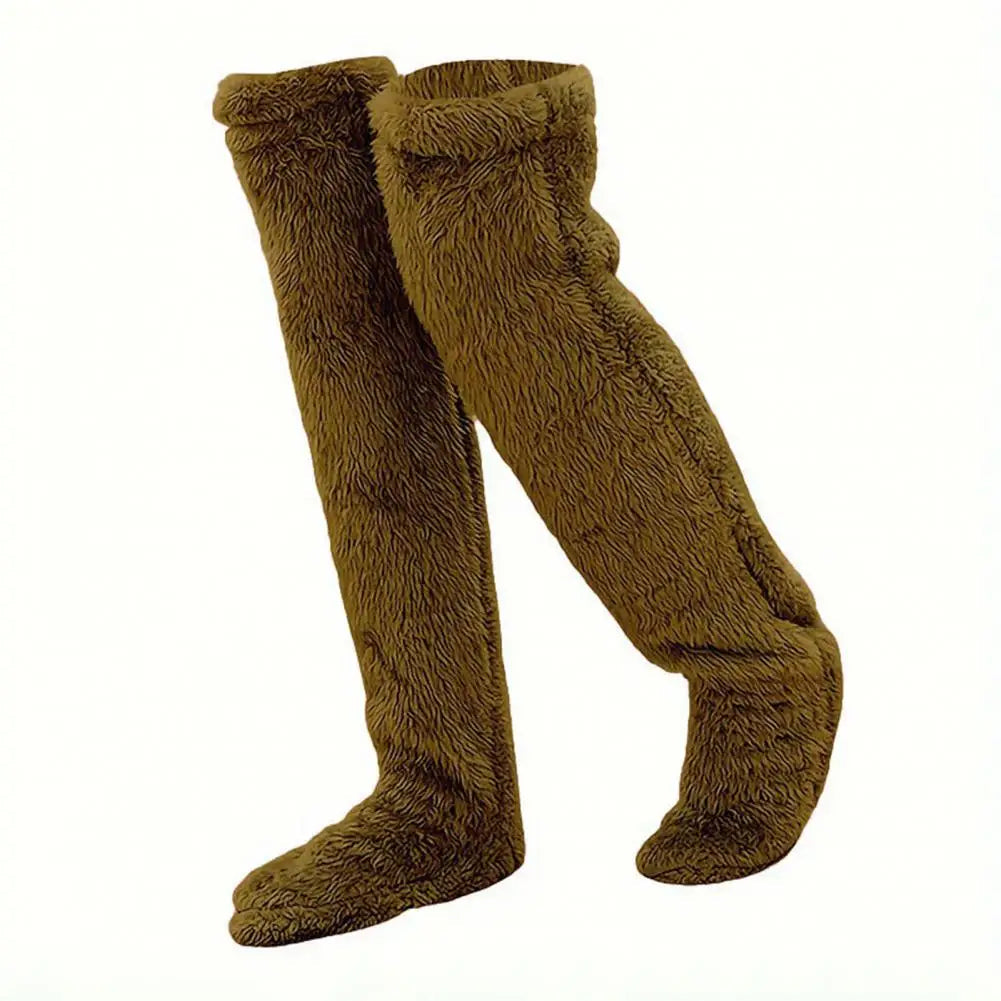 Lange Fleece-Stulpenstrümpfe aus Korallenfleece mit Fußöffnung für kalte Abende zu Hause – warm, weich, 5 Farben