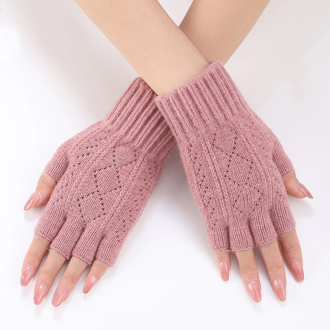 Fingerlose Strickhandschuhe für Damen und Herren im Winter – gestrickt, Fingerspitzen frei, in 7 Farben von Hellrosa bis Beige