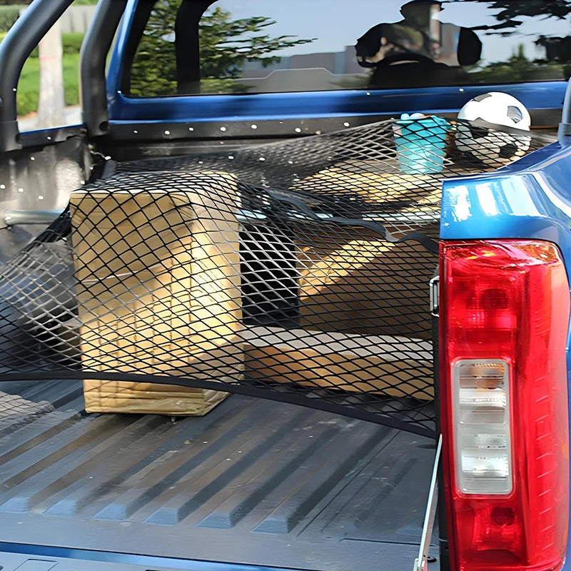 Elastisches Gepäcknetz aus Nylon für Pick-up-Ladefläche, SUV und Kofferraum – 120 × 110 cm, verstärkte Kanten, engmaschig, faltbar