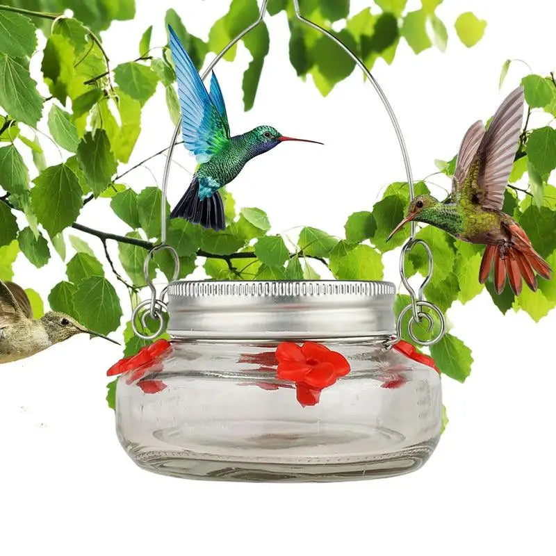 Kolibri-Futterspender in Einmachglas-Form mit 4 Blumen-Futterstellen und Drahtbügel für Garten und Terrasse – transparent, Schraubdeckel, Ø ca. 10 cm