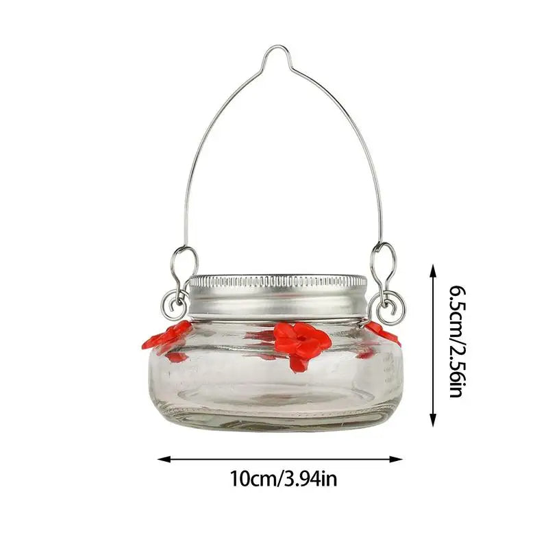 Kolibri-Futterspender in Einmachglas-Form mit 4 Blumen-Futterstellen und Drahtbügel für Garten und Terrasse – transparent, Schraubdeckel, Ø ca. 10 cm