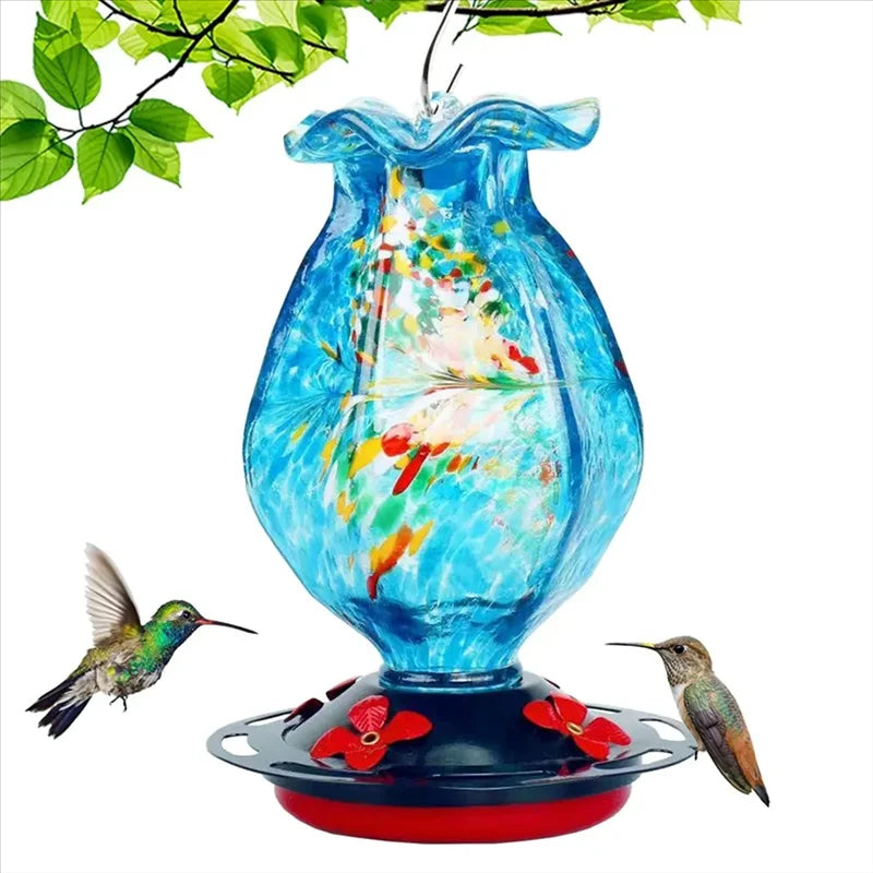Kolibri-Futterspender aus mundgeblasenem Glas in Ozeanblau mit bunten Farbsprenkeln für den Garten – 4 Futterstellen, Sitzring, Ameisenschutz