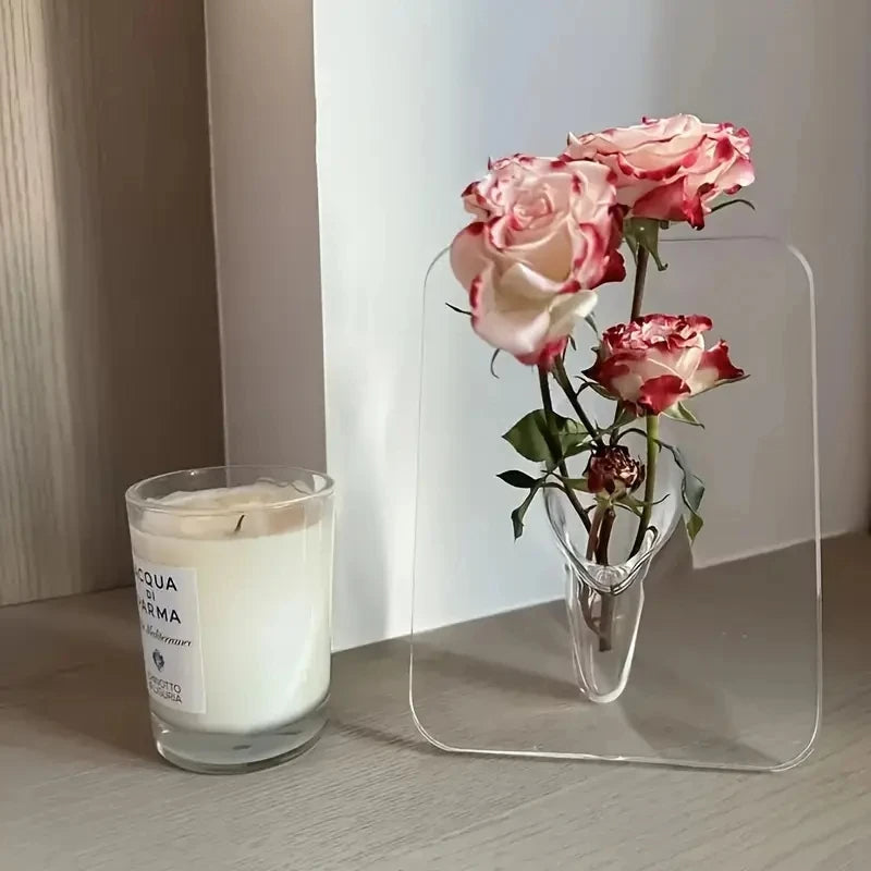 Blumenvase aus Acryl in Bilderrahmen-Form im modernen Stil für Schreibtisch und Esstisch – transparent, bruchfest, für frische und getrocknete Blumen
