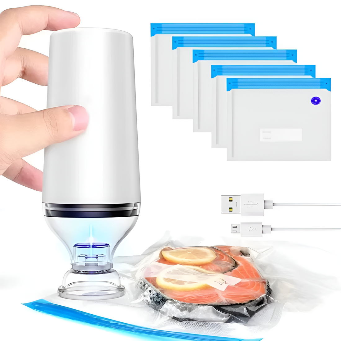 Akku-Vakuumierer für Lebensmittel mit 15 Ventilbeuteln für Küche, Camping und Picknick – 60 kPa, 1200 mAh, USB-Ladung, rund 190 g