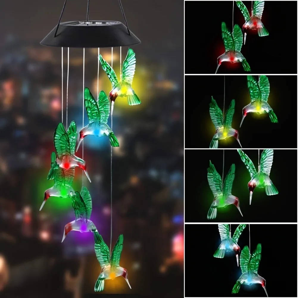 Solar-Windspiel mit Licht als Gartendeko für Baum, Beet und Balkon – ca. 65–70 cm lang, Schmetterling, Kolibri oder Libelle, ohne Kabel