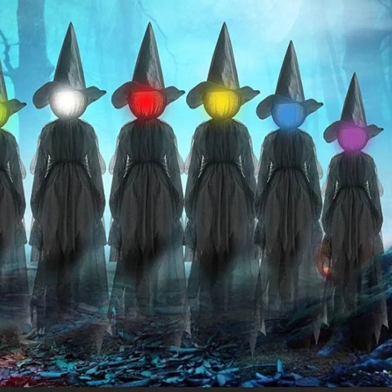 Hexenfiguren im 3er-Set mit Geräuschsensor und leuchtenden Köpfen als Halloween-Deko für Garten und Haus – Hand in Hand, wasserabweisend