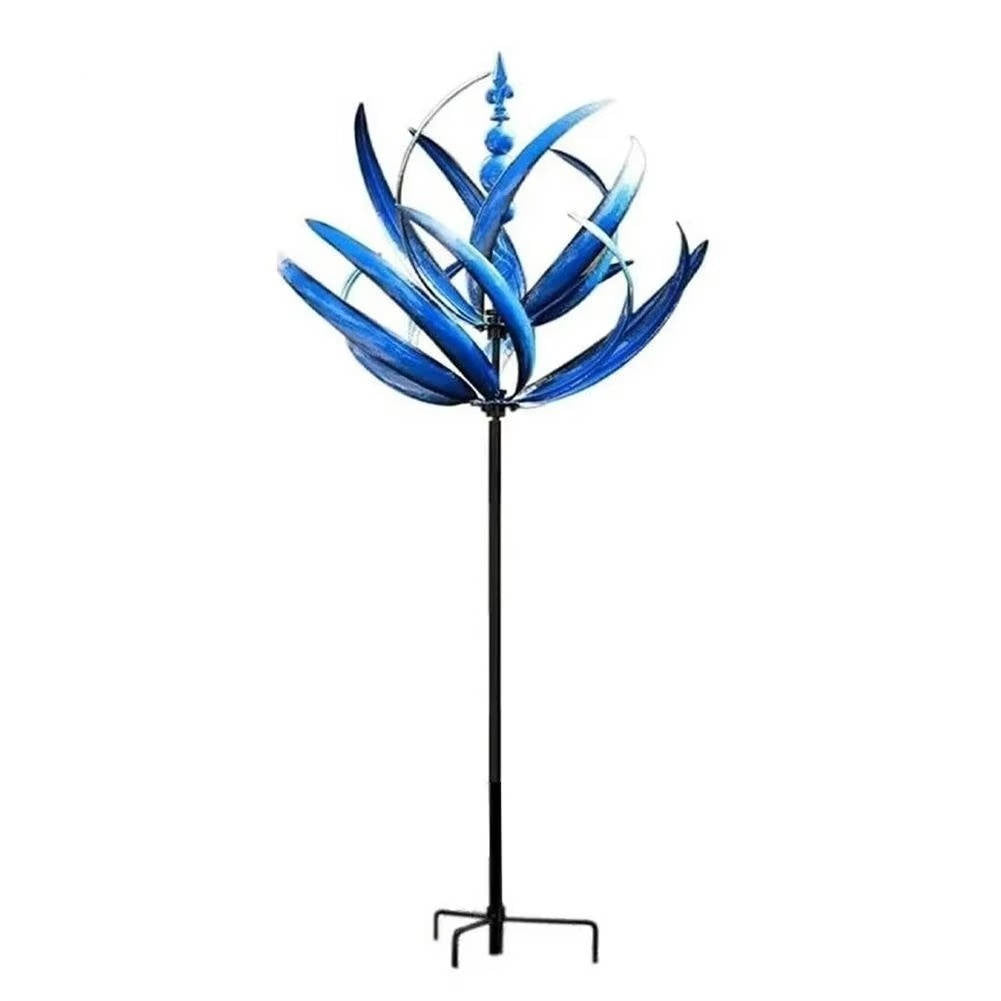 Windspiel aus Metall mit Gartenstab für Beet, Rasen und Vorgarten – drehende Blütenform mit Kugeln, Lichtreflexe, in Blau oder Rot