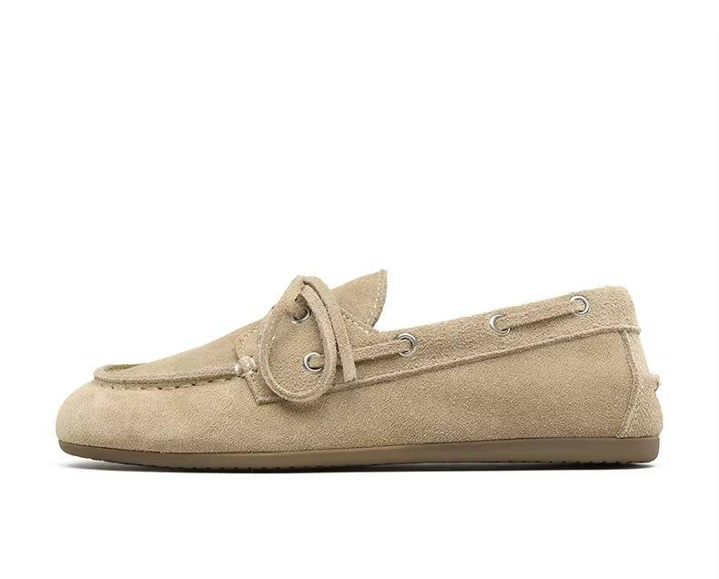 Damen-Mokassins aus echtem Rindleder mit Schnürung und Patchwork-Details für Büro und Freizeit – 1 cm Absatz, TPR-Sohle, Braun, Beige oder Weiß