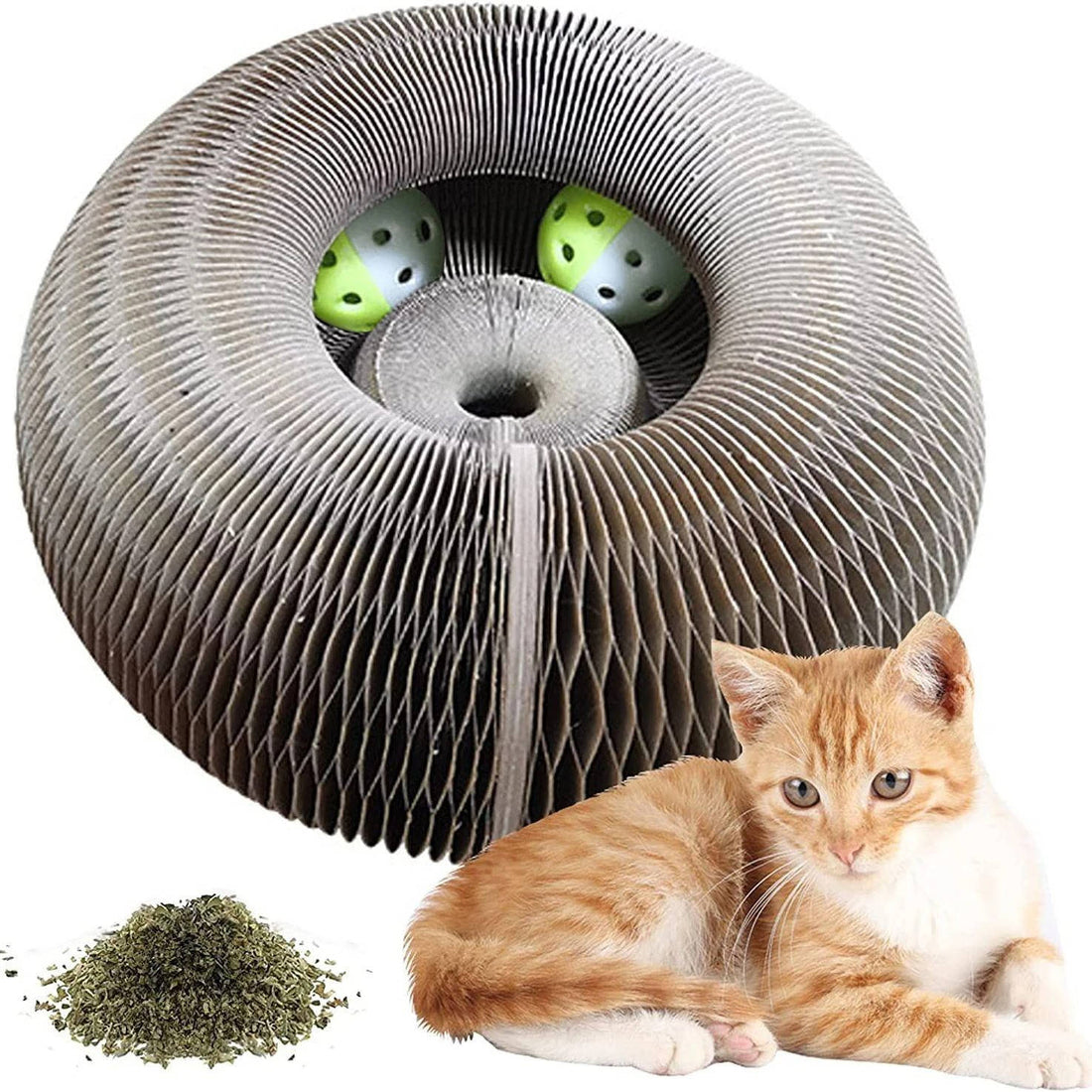 Faltbarer Katzen-Kratzring aus Wellpappe mit Glöckchenball für Wohnungskatzen – Ziehharmonika-Form, in mehrere Formen stellbar