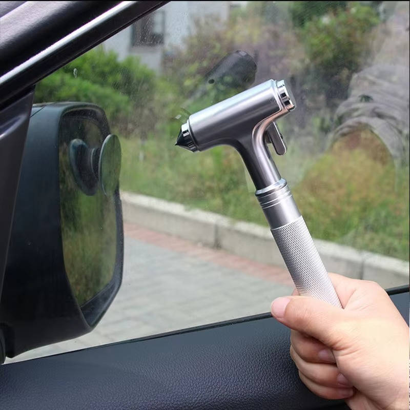 Nothammer für das Auto im 3er-Set mit Gurtschneider und Wolframstahlspitze für Handschuhfach und Türfach – Metallgriff, rostfrei, kompakt, Silber